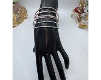 Rhinestone Pave 3 Row Flexible Bangle Bracelet Rose Gold And Silver Tone 2 Set
