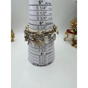 May include: A silver-toned charm bracelet with various charms, including shells, a heart, and a rectangular pendant. The bracelet is displayed on a white EZ Bracelet Mini measuring tool. The bracelet appears to be approximately 6 inches (15.3 cm) in diameter.