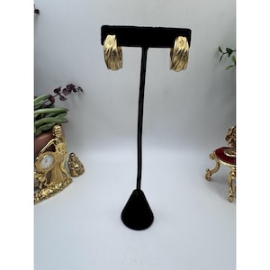 Rare Vintage Donna Karan Gold Tone Hoop Earrings Textured Swirl Design Statement