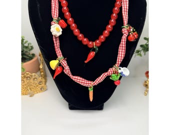 ZARA Red Beaded Gingham Vegetable Charm Layered Necklace Set