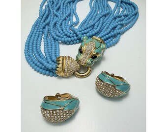 Conjunto de collar y pendientes con cuentas turquesas y cabeza de felino de lujo Ciner, vintage, impresionante