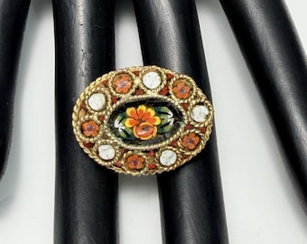 Vintage Micro Mosaic Floral Oval Brooch Pin Gold Tone Italian 1”