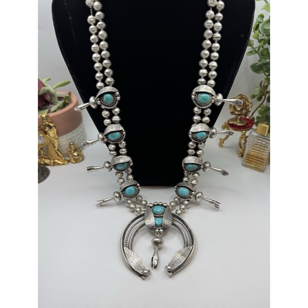 Vintage Navajo Squash Blossom Necklace Sterling Silver Turquoise