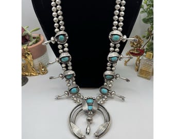 Vintage Navajo Squash Blossom Necklace Sterling Silver Turquoise Signed 32"