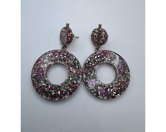 Colorful Acrylic Confetti Round Dangle Earrings Rainbow Pierced Fashion Jewelry