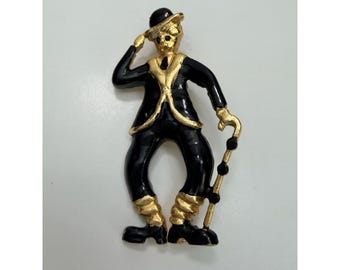 Vintage Charlie Chaplin Style Enamel Brooch Gold Tone Hook Clasp 1.75”