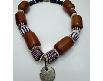 Vintage Bakelite & Venetian Trade Beads Necklace w/ Ottoman Coin Chunky Art