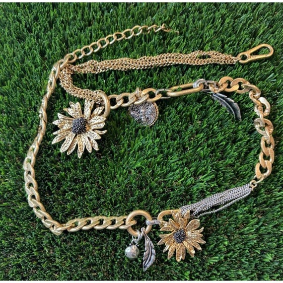 ZARA Gold Tone Chain Belt Sunflower Charms Coin Feather  display picture 3