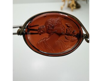 Victorian Brown Amber Topaz Glass Cameo Press Molded Pin C Clasp Small