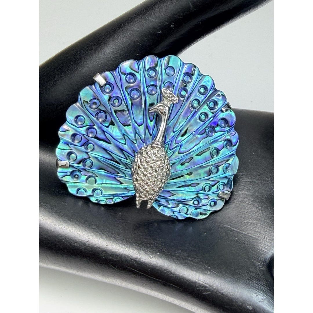 Peacock Inner Shell Vintage Peacock Brooch Abalone Shell Silver Tone Rhinestone Statement ...