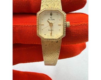 Vintage Elgin Quartz Gold Tone Mesh Bracelet Ladies Watch Japan
