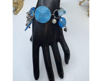 BLUE FOIL GLASS Beads Bracelet Whit Mix Materials And Silver Tone