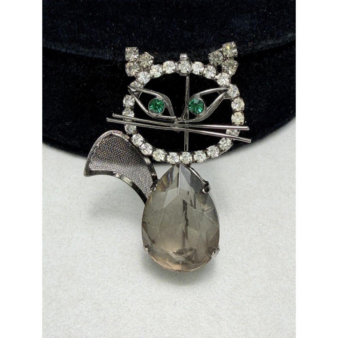 Vintage Black Cat Rhinestone Brooch Green Eyes Smoky Glass Statement - Etsy