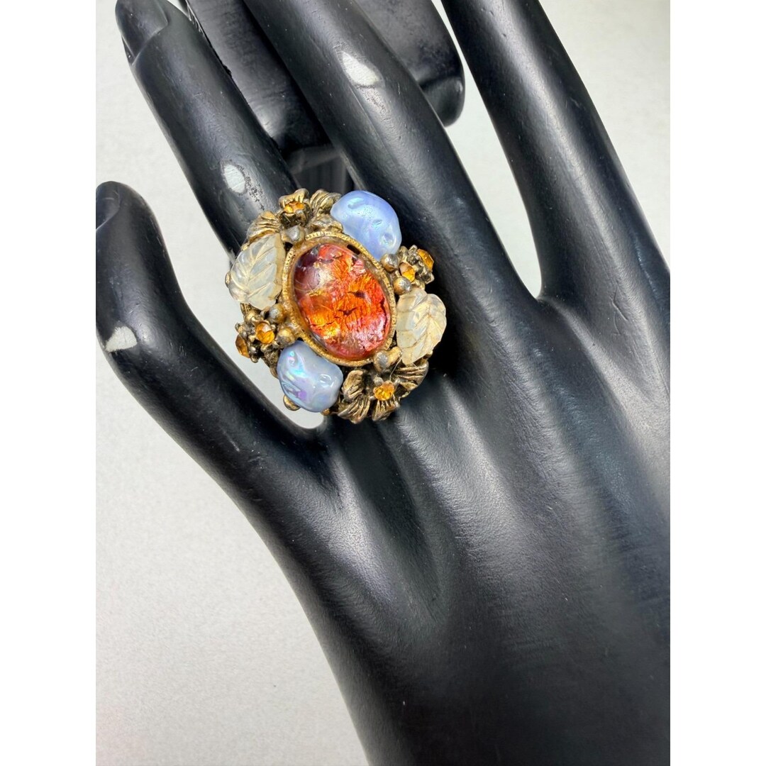 Vintage Statement Ring Opal Art Glass Cabochon Cluster Adjustable Bold ...