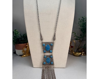 Vintage Western Style Turquoise Look Fringe Pendant Necklace Statement