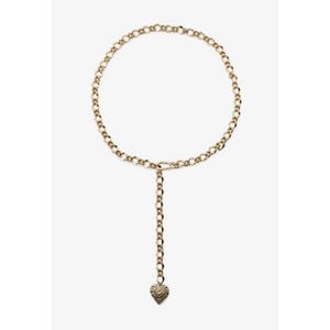 Puede incluir: Cintur&oacute;n de cadena dorado con colgante de coraz&oacute;n. El cintur&oacute;n presenta un dise&ntilde;o de cadena circular con una cadena colgante y un colgante en forma de coraz&oacute;n en el extremo. El colgante de coraz&oacute;n tiene una superficie texturizada.