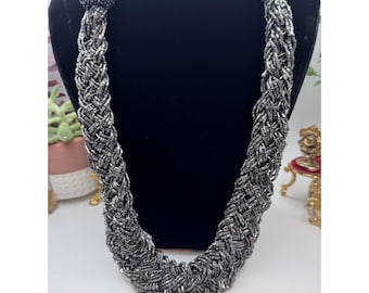 Glass Beads Braided Chunky Necklace Black Silver Lobster Closure Adjustable