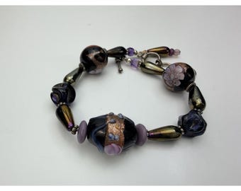 Lampwork Art Glass Cake Bead Bracelet Sterling Silver Toggle Murano Pretty