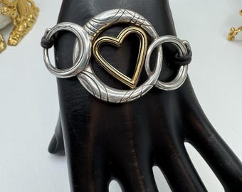 Brighton Leather Two Tone Heart Charm Bracelet Silver Love Statement Adjustable