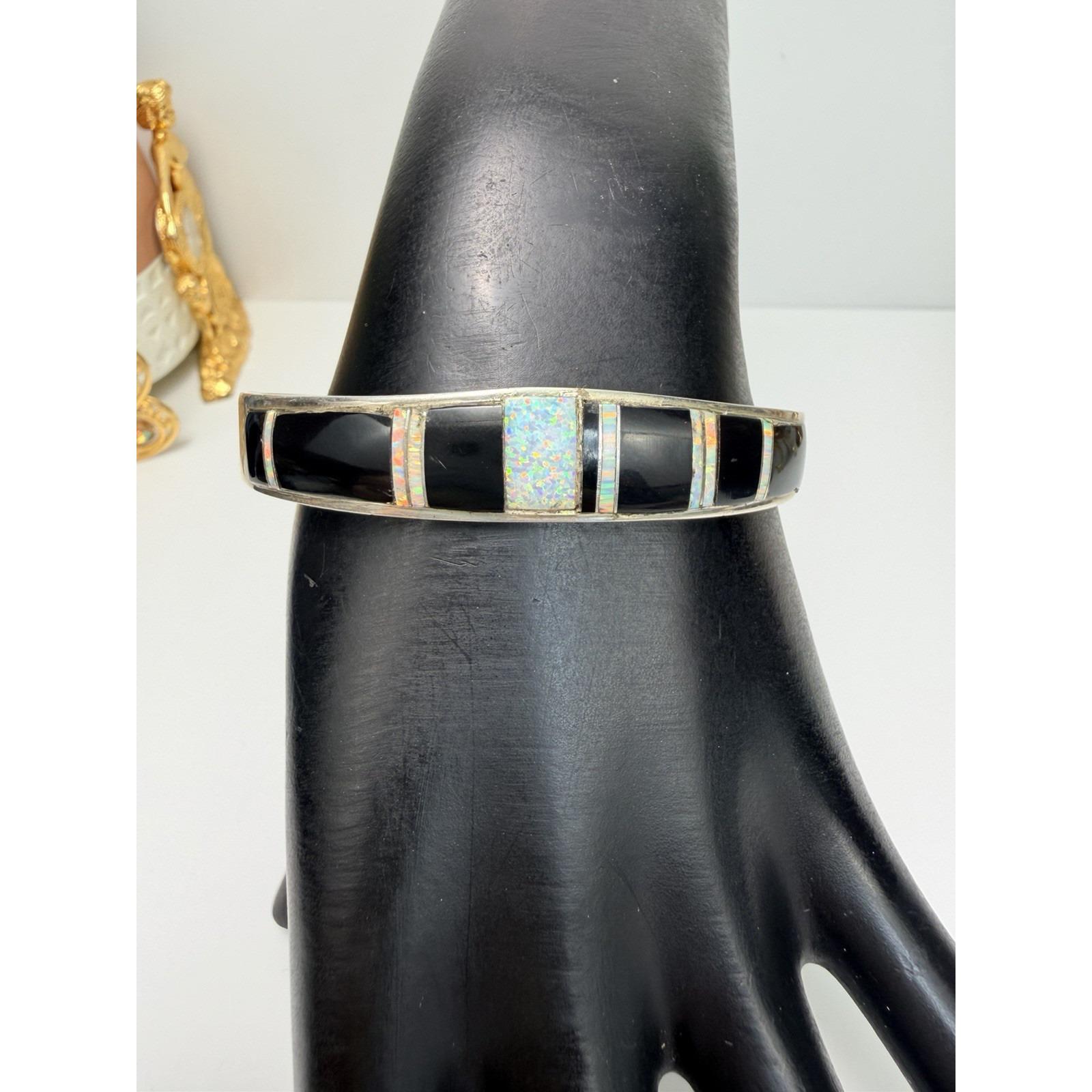 Vintage Navajo Richard Begay Sterling Silver Onyx Opal Inlay Cuff