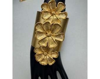 ZARA Golden Floral Wide Cuff Statement Bracelet NWOT Bold Pretty
