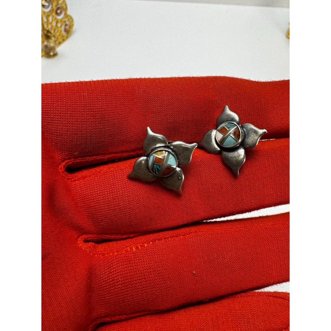 Zuni Sterling Silver Inlay Turquoise Coral Mother of Pearl Stud ...