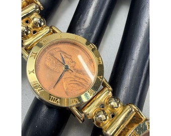 Vintage Gold Tone Lincoln Penny Coin Dial Runway Statement Watch Working