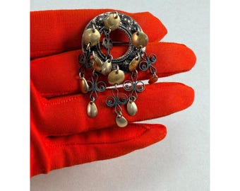 Vintage Norwegian Sterling Silver Dangling Brooch Traditional Filigree