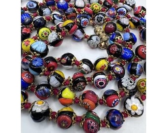 Vintage Venetian Glass Millefiori Bead Necklace 38” Murano Handmade in Italy