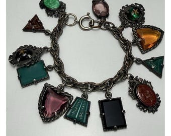 Pulsera vintage Art Déco de cristal tallado checo multicolor, años 30, rara.