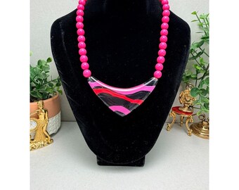 Vintage 80s Lucite Pink Black Geometric Statement Necklace Bold 18”