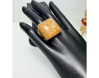 Vintage Lucite Statement Ring Two-Tone Amber Resin Chunky Size 6.5