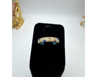 Vintage Band Cloisonné Blue & Red Point Zigzad Design Ring Size 5.5