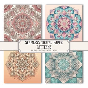Peut inclure: Quatre motifs de papier numérique carrés avec des motifs de mandala complexes dans diverses palettes de couleurs. Les motifs comprennent des nuances de rose, de bleu et de beige. Le texte "SEAMLESS DIGITAL PAPER PATTERNS" est affiché.
