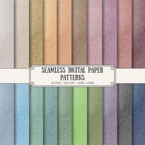 Puede incluir: Una colección de patrones de papel digital sin costuras en varios colores, incluyendo beige, dorado, naranja, rosa, morado, verde y azul. La imagen incluye el texto "SEAMLESS DIGITAL PAPER PATTERNS" y detalles sobre la resolución y cantidad de los patrones.
