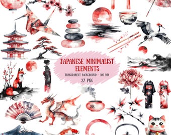 Japanisches Minimalist Clipart Set | 27 Zen PNG Elemente, transparenter Hintergrund (Digitaler Download)