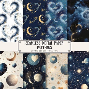 May include: A collection of seamless digital paper patterns featuring celestial designs. The patterns include hearts, moons, planets, and stars in shades of blue, gold, and white. The image includes the text "SEAMLESS DIGITAL PAPER PATTERNS".