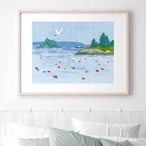 Maine Seascape Art Print Lobster Buoys Whimsical Coastal Wall Decor Nautical New England Landscape