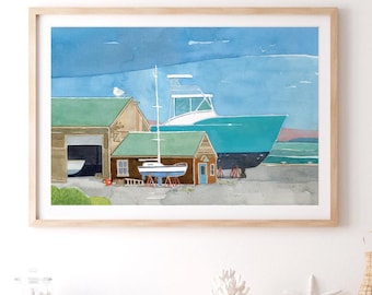 Boatyard Aquarell Druck Nautische Küsten Wandkunst