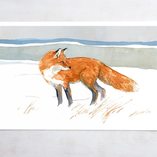 Red Fox Watercolor Print Rustic Painting Wall Art Fox in Dunes Beach Art Fox Field