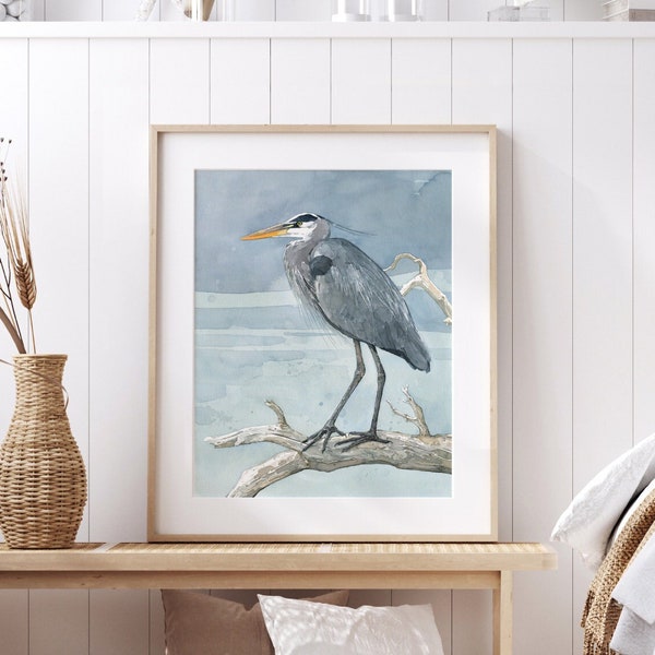 Great Blue Heron on Branch Watercolor Print Coastal Bird Painting Large Wall Art