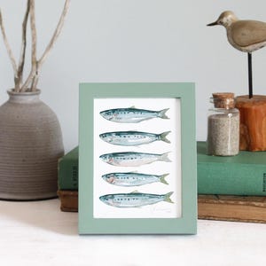 May include: A framed print of five watercolor illustrations of fish, each with a slightly different pose. The frame is a light green color and the background is white. The print is on a table with a vase of branches and a small bird figurine.