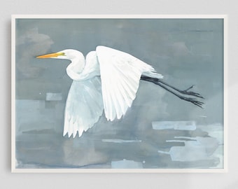 Reiher Aquarell Druck, Küstenvogel Kunst