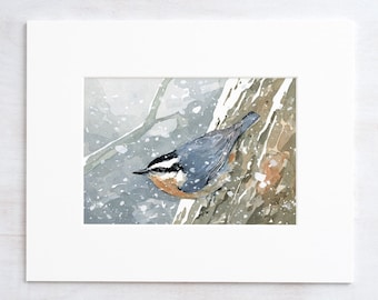 Nuthatch in Snow Watercolor Print, Bird Wall Art