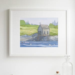 Maine Coast Landscape Print Vinalhaven Boathouse Drawing