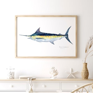 Impresión de acuarela de pez marlín azul Pintura náutica Impresión de pez grande