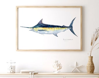 Blue Marlin Fish Watercolor Print Nautical Painting Angler Gift