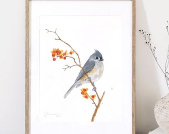 Tufted Titmouse on Bittersweet Watercolor Print Bird Painting Wall Art Giclee