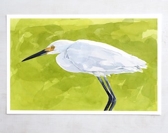 Snowy Egret Watercolor Print Coastal Wall Art Bird Painting