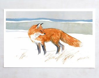 Red Fox Watercolor Print Rustic Painting Wall Art Fox in Dunes Beach Art Fox Field